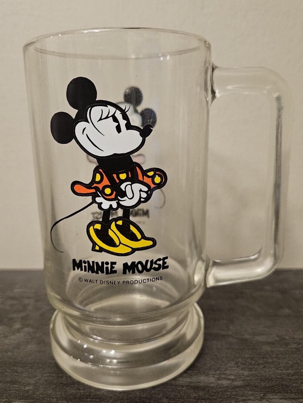 Vintage Walt Disney Productions Minnie Mouse Clear Glass Mug - 12oz